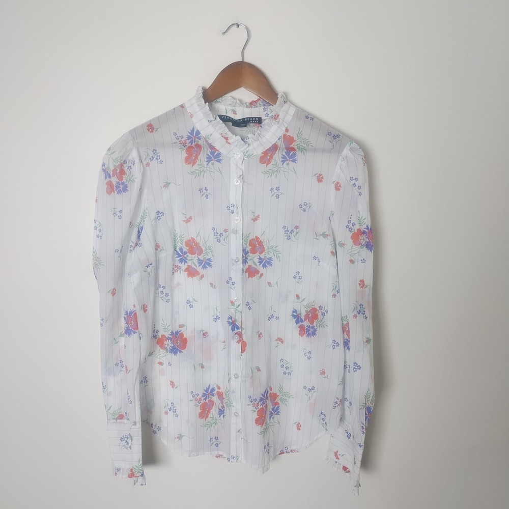 Veronica Beard Button Up Blouse Women's L Cotton Floral Ruffle Victorian Cottage - Picture 1 of 11